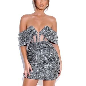 Miss Circle New York Weston Off Shoulder Corset Sequin Dress